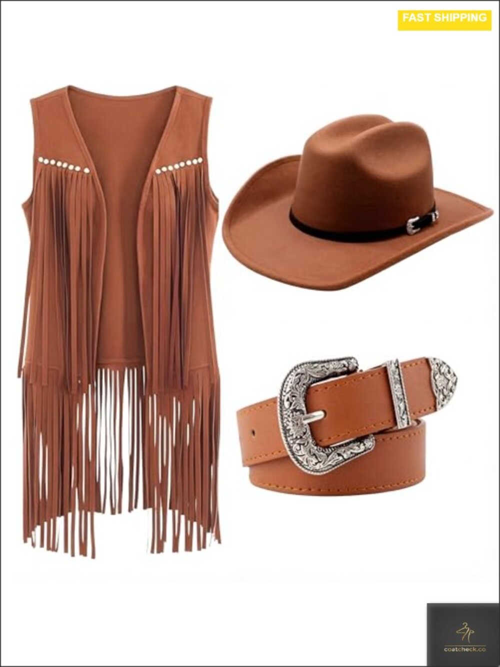 Western Fringe Vest 3-Piece Set Cotton Hat Suede Faux Vest Cowhide Belt Boho